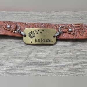 Tooled Leather Just Breathe Metal Tag Bracelet Boho Western Cowgirl Festival